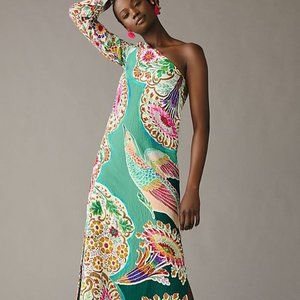 New By Anthropologie One-Shoulder Printed Shift Dress Green bird size 4 NWT